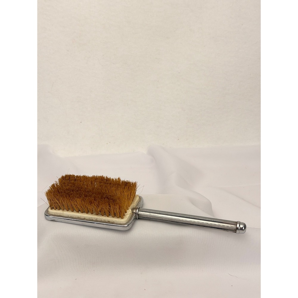 Vintage Chrome Clothes Brush Mid Century Modern Brown Inlay Suit Lint Grooming